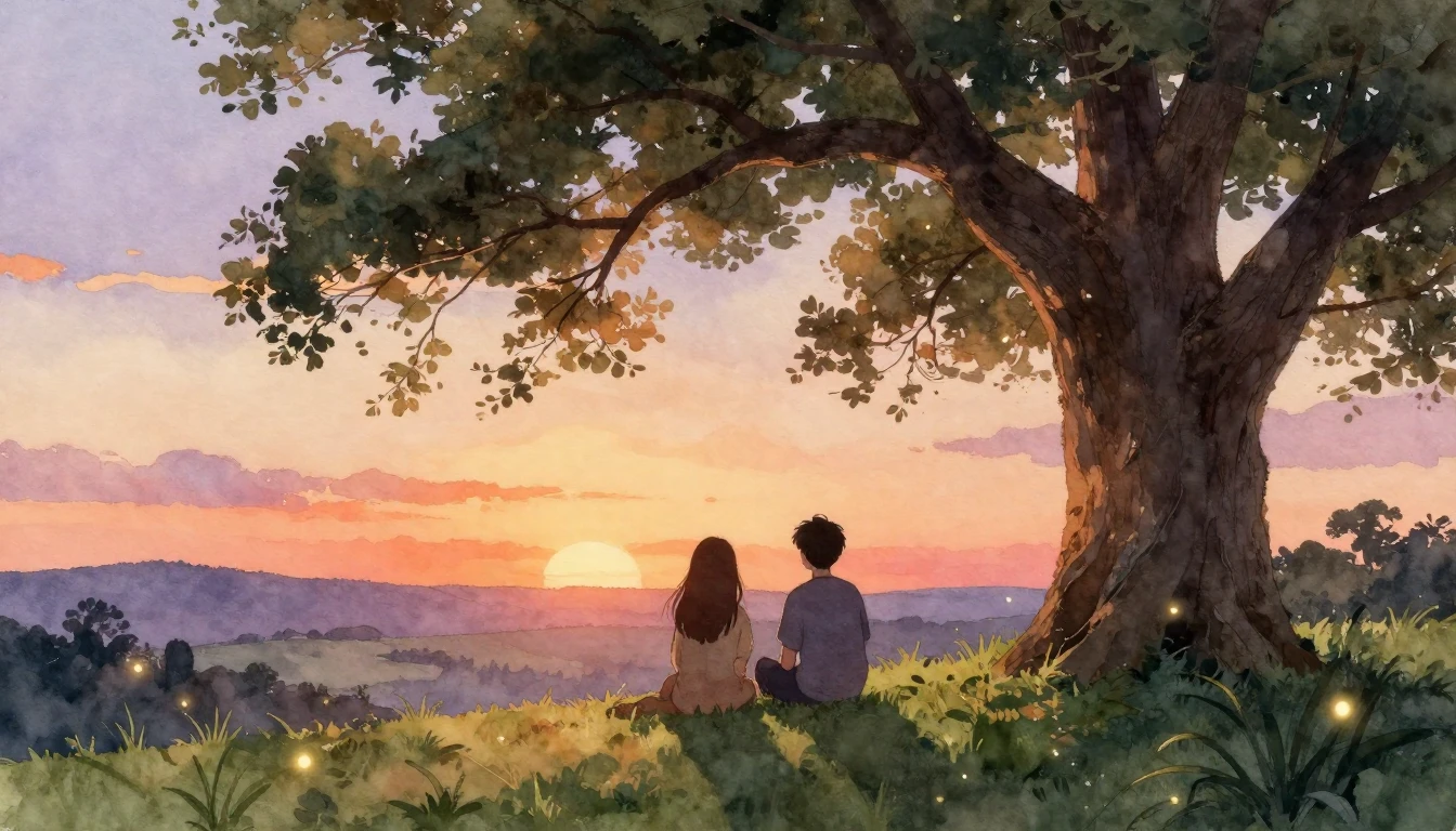 A heartwarming watercolor painting depicting two silhouettes...
