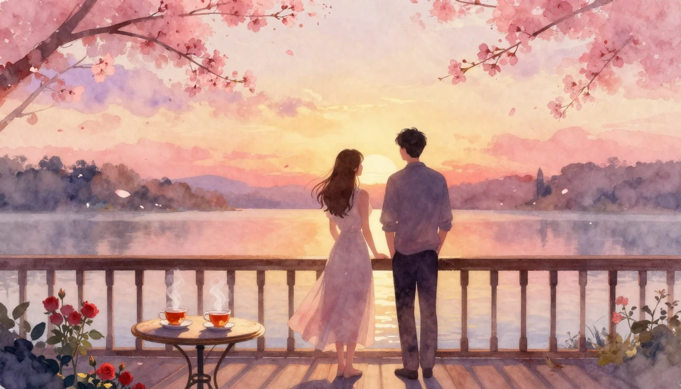 A dreamy and romantic watercolor painting of two silhouettes...
