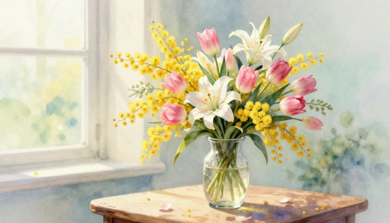 A delicate watercolor painting showcasing a vibrant bouquet ...
