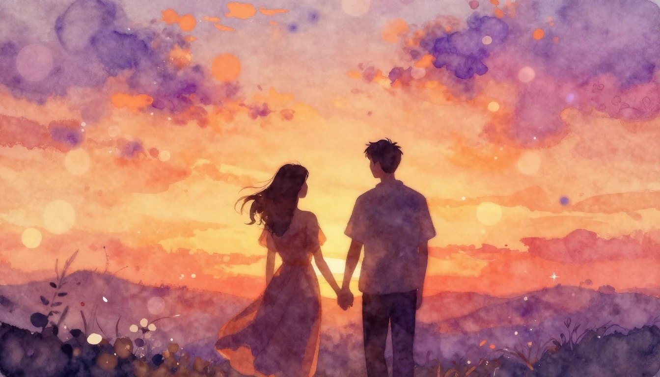 A romantic watercolor painting depicting two silhouettes sta...