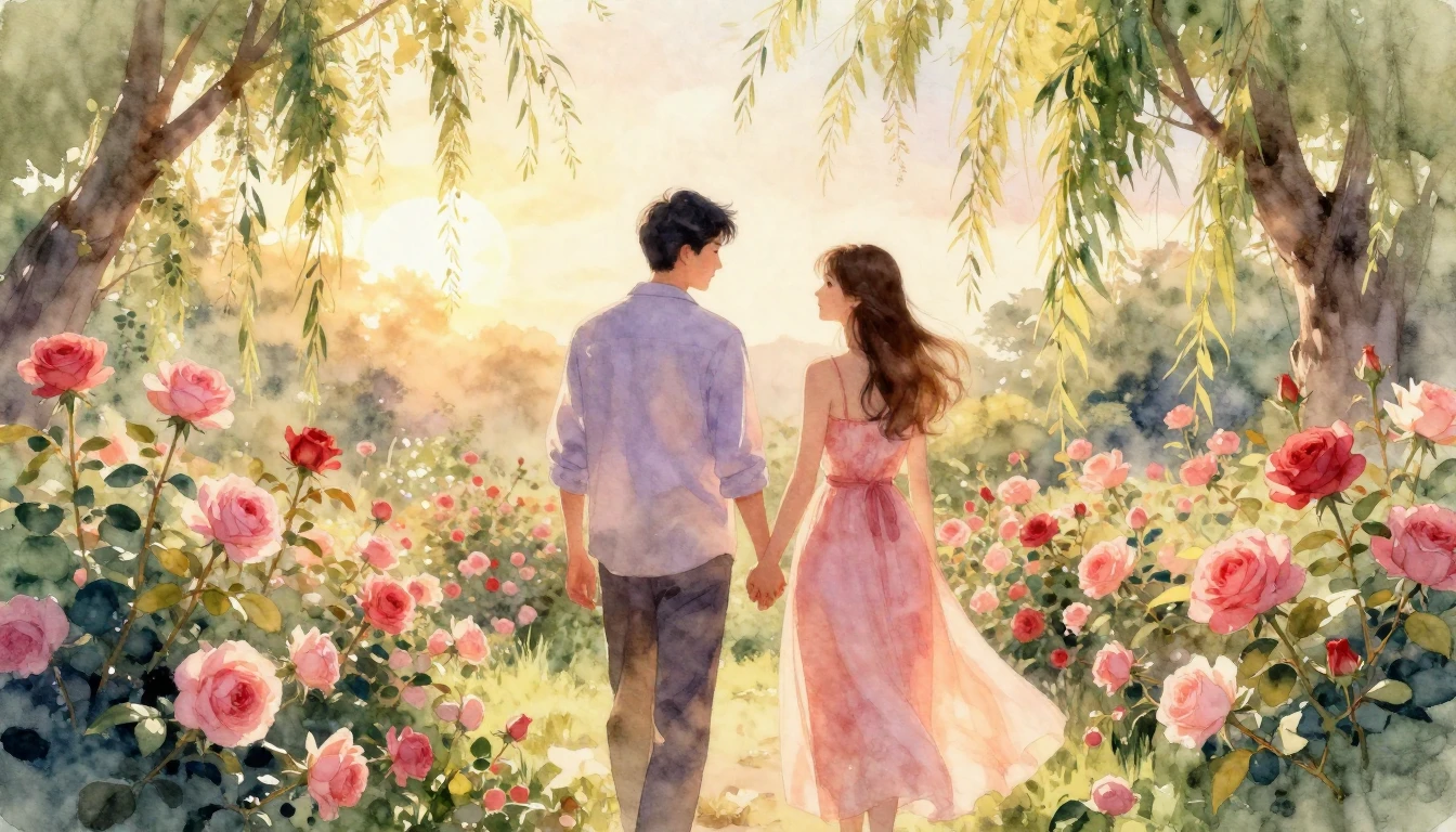 A romantic couple walking hand in hand through a lush garden...