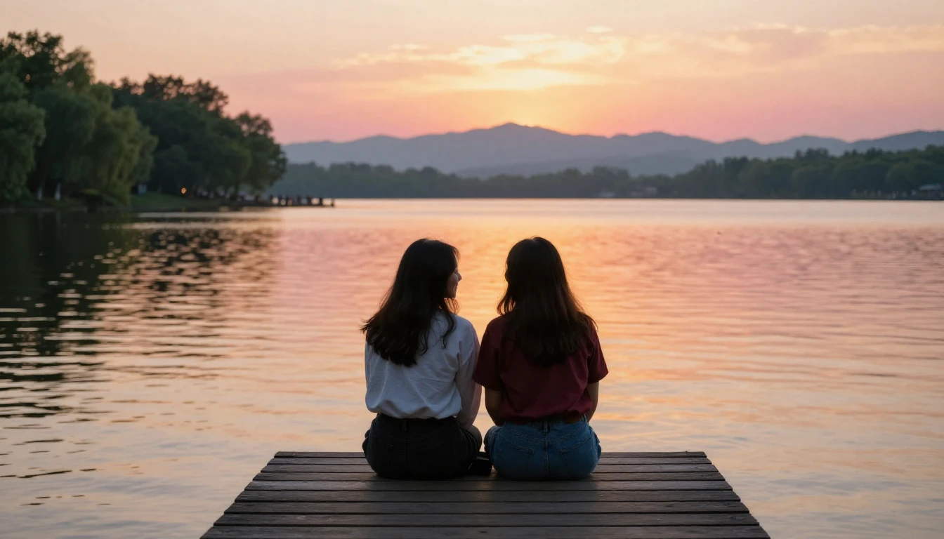 A heartwarming scene of two best friends sitting together on...