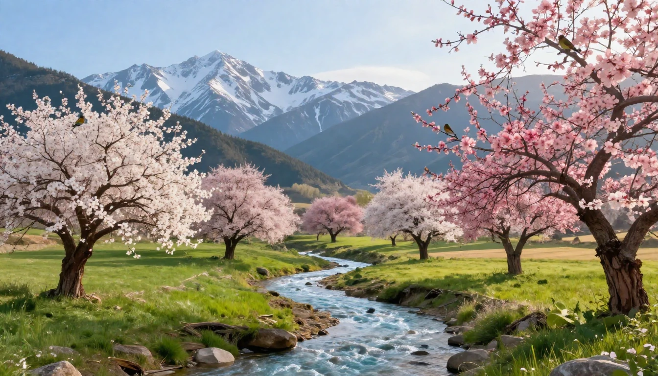 A breathtaking spring landscape. Lush green valleys and roll...