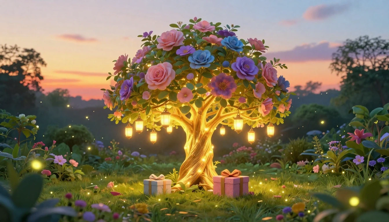 A warm and magical birthday scene in a lush, dreamlike garde...