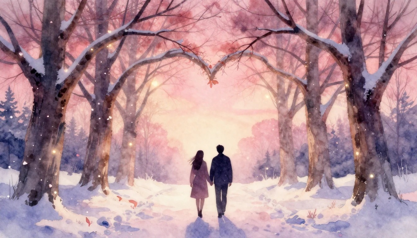 A soft and dreamy watercolor composition depicting a romanti...