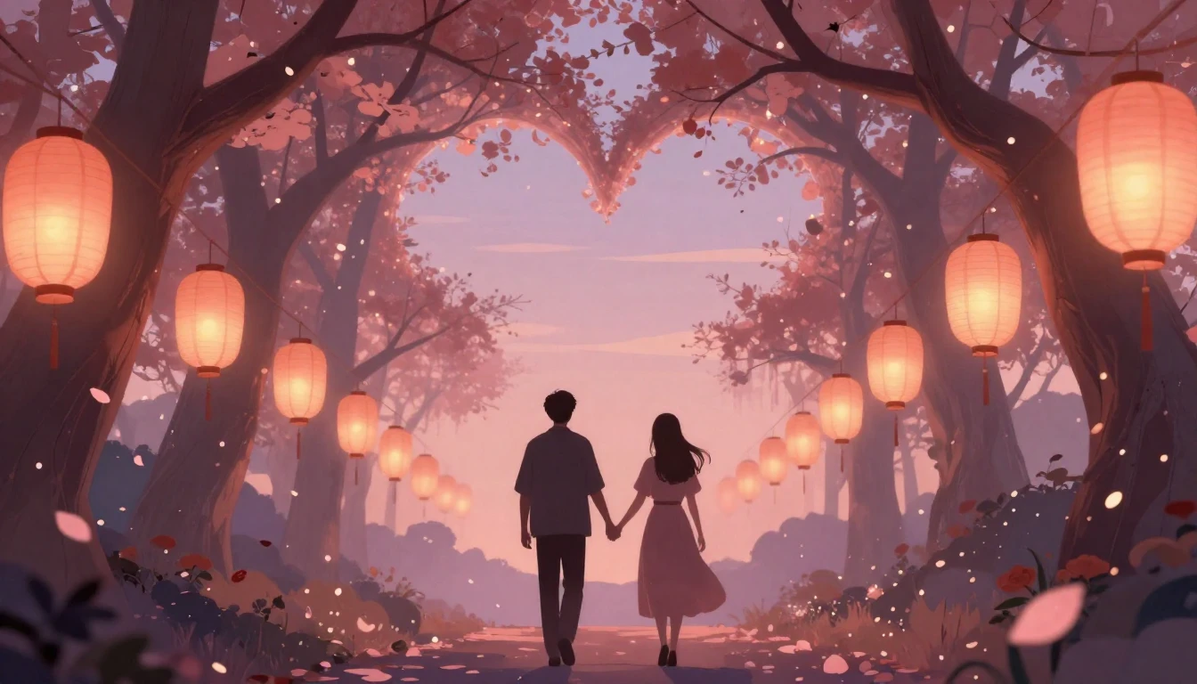 A soft and dreamy artistic composition featuring two silhoue...