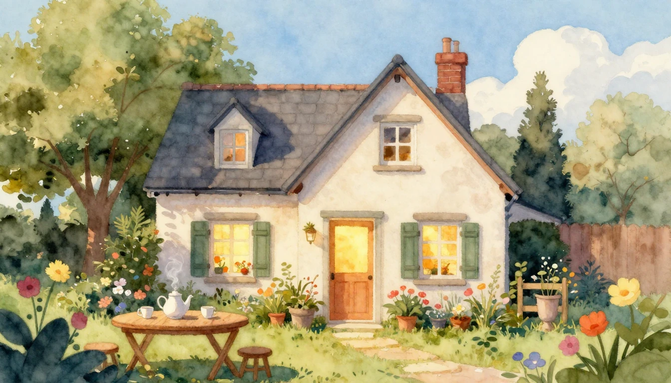 A cozy, inviting house nestled in a blooming garden during g...