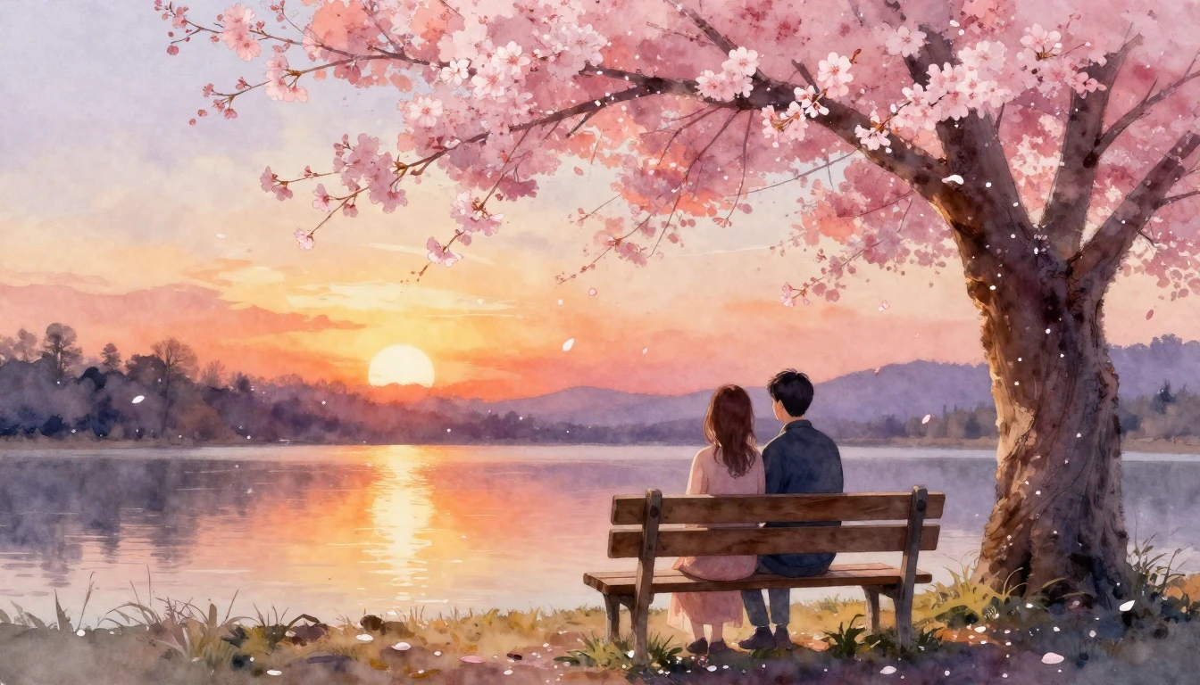 A soft watercolor painting of a romantic couple sitting clos...