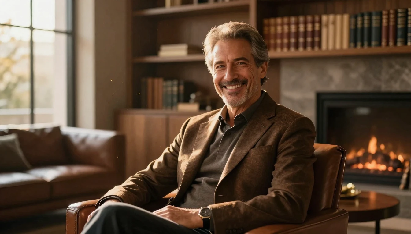 A sophisticated and charismatic man in his fifties with a wa...