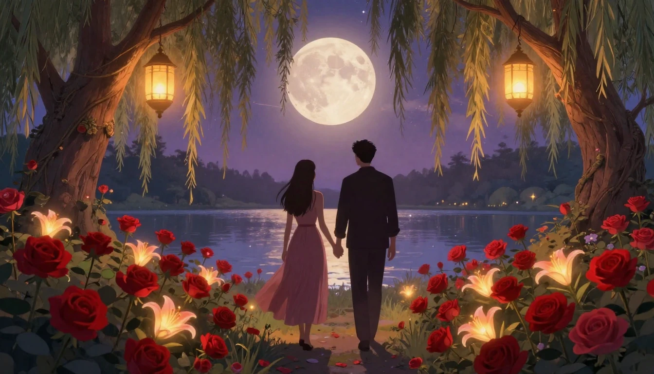 A romantic and ethereal scene featuring two silhouettes walk...