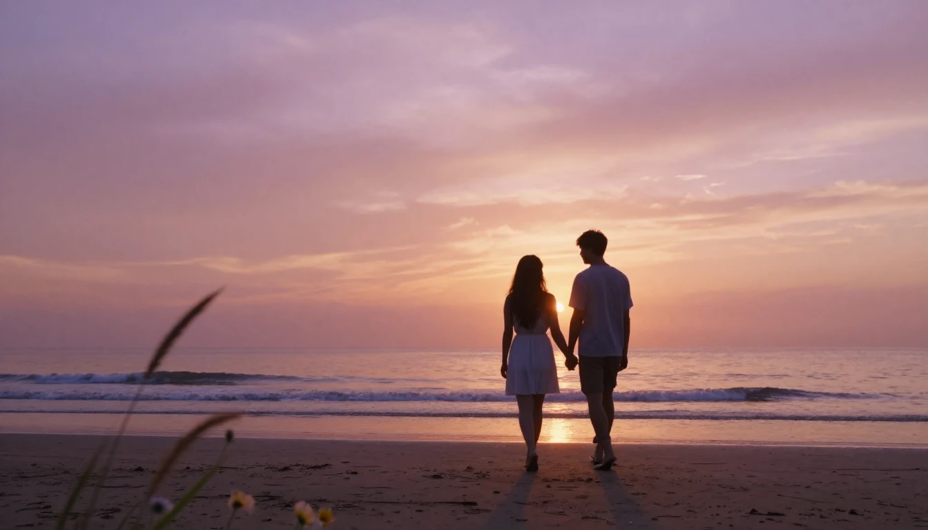 A romantic and dreamy scene featuring two silhouetted figure...