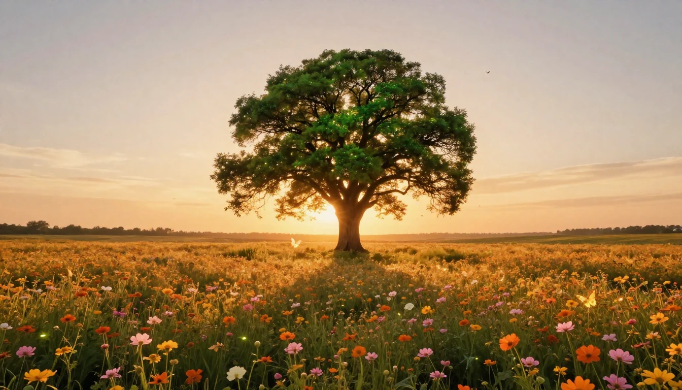 A breathtaking and serene landscape during the golden hour, ...