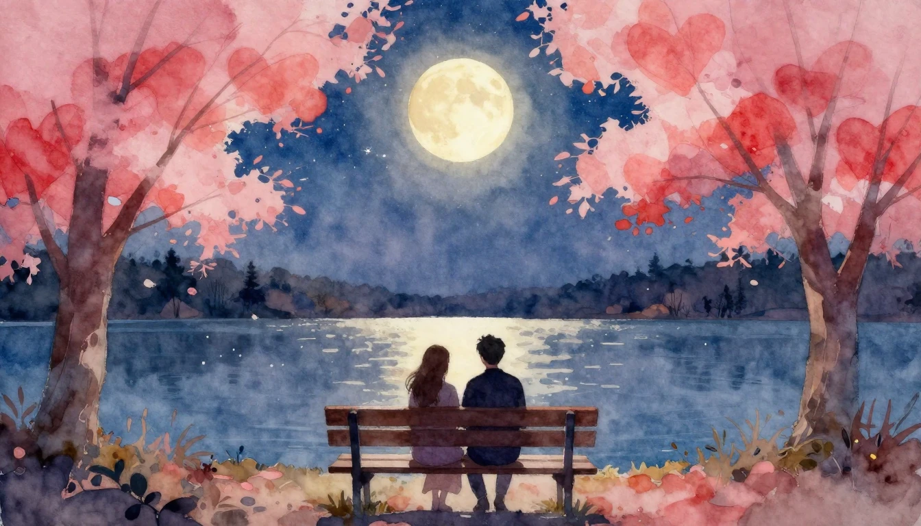 A dreamy and romantic watercolor painting depicting two silh...
