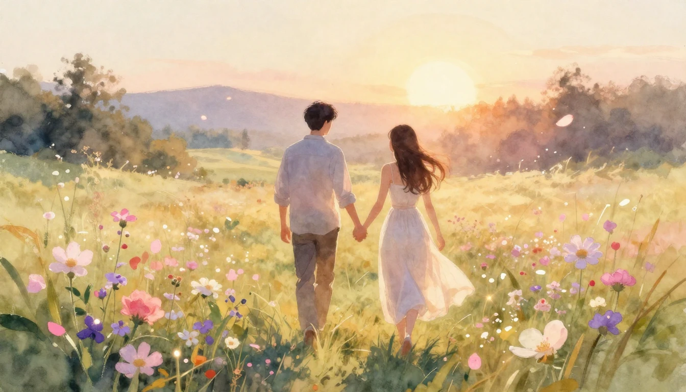 A dreamlike and romantic watercolor painting of two people w...