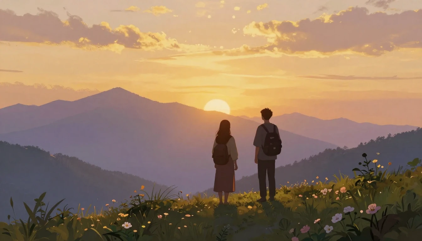 A serene and warm scene of two friends' silhouettes standing...