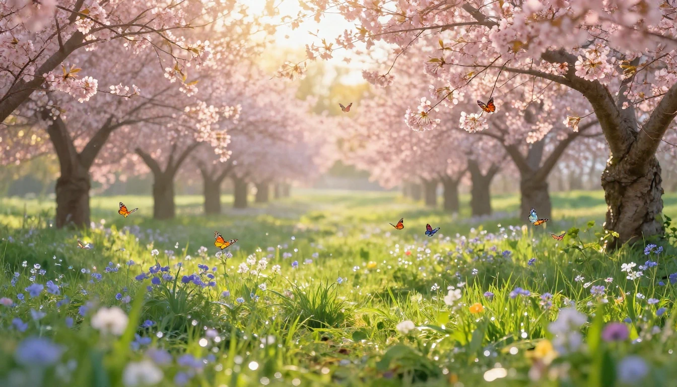 A breathtaking spring landscape in a lush meadow filled with...