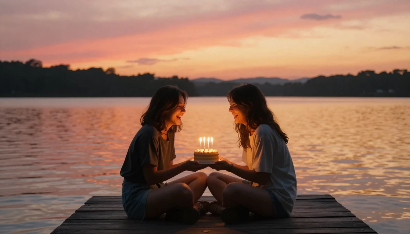 A heartwarming scene of two best friends sitting on a wooden...