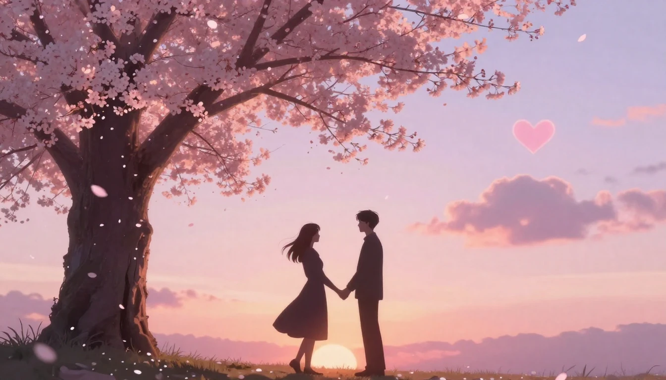 A romantic and dreamy scene featuring two silhouettes of a c...