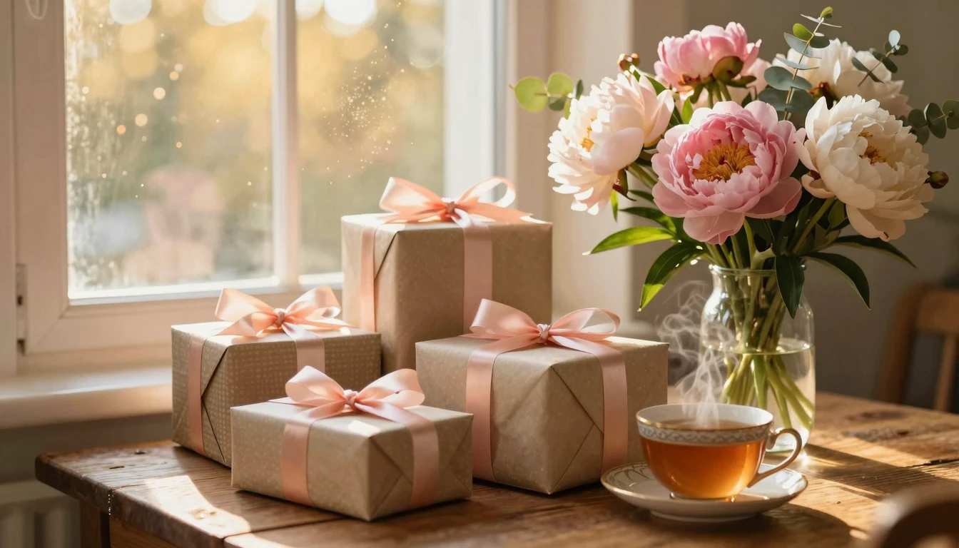 A warm and cozy scene featuring a stack of beautifully wrapp...