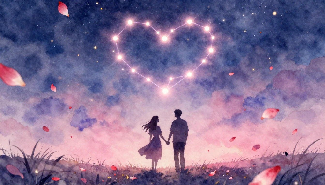 A romantic and dreamy watercolor painting depicting two silh...