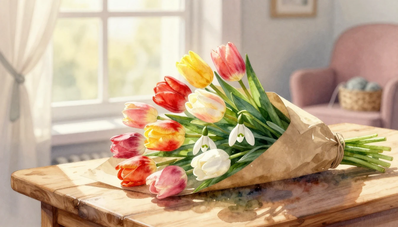 A soft and gentle watercolor painting depicting a lush bouqu...