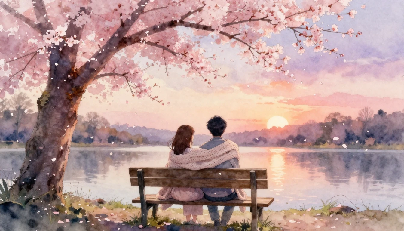 An enchanting and delicate watercolor painting of two people...