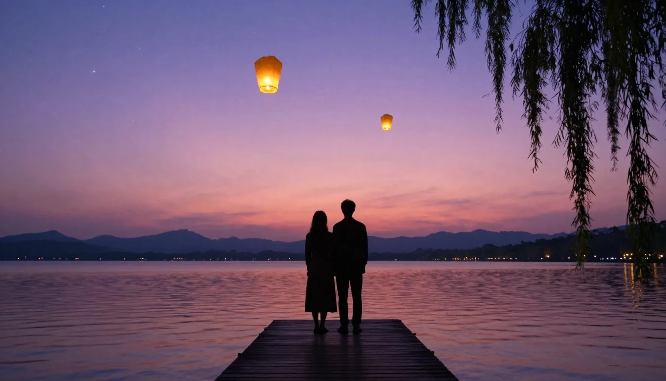 A romantic and dreamy scene featuring the silhouettes of a c...
