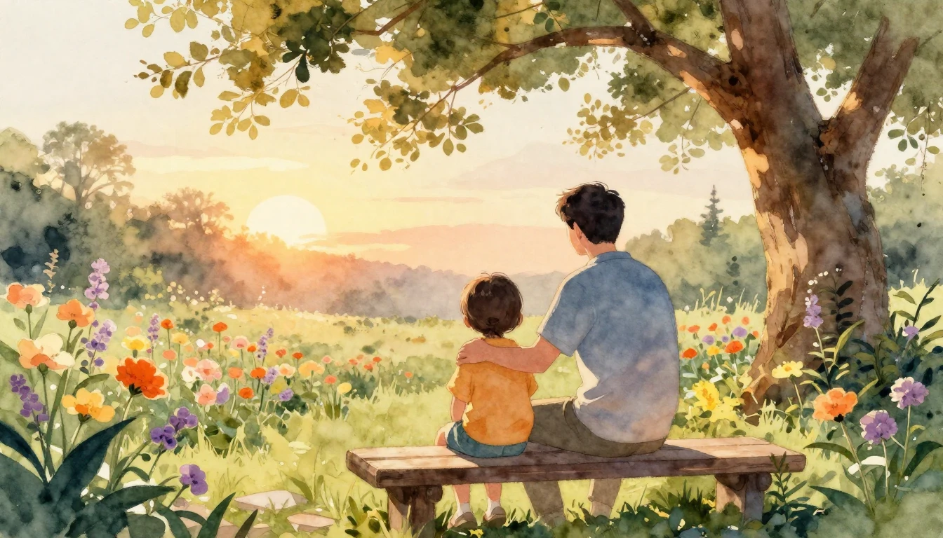 A heartwarming scene of a father and his child sitting on a ...