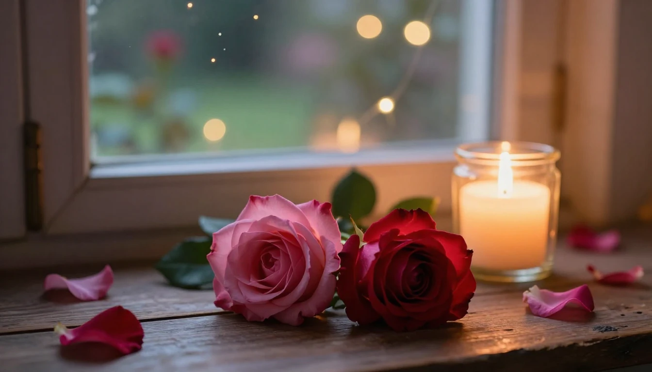 A dreamy and romantic scene featuring two delicate red and p...