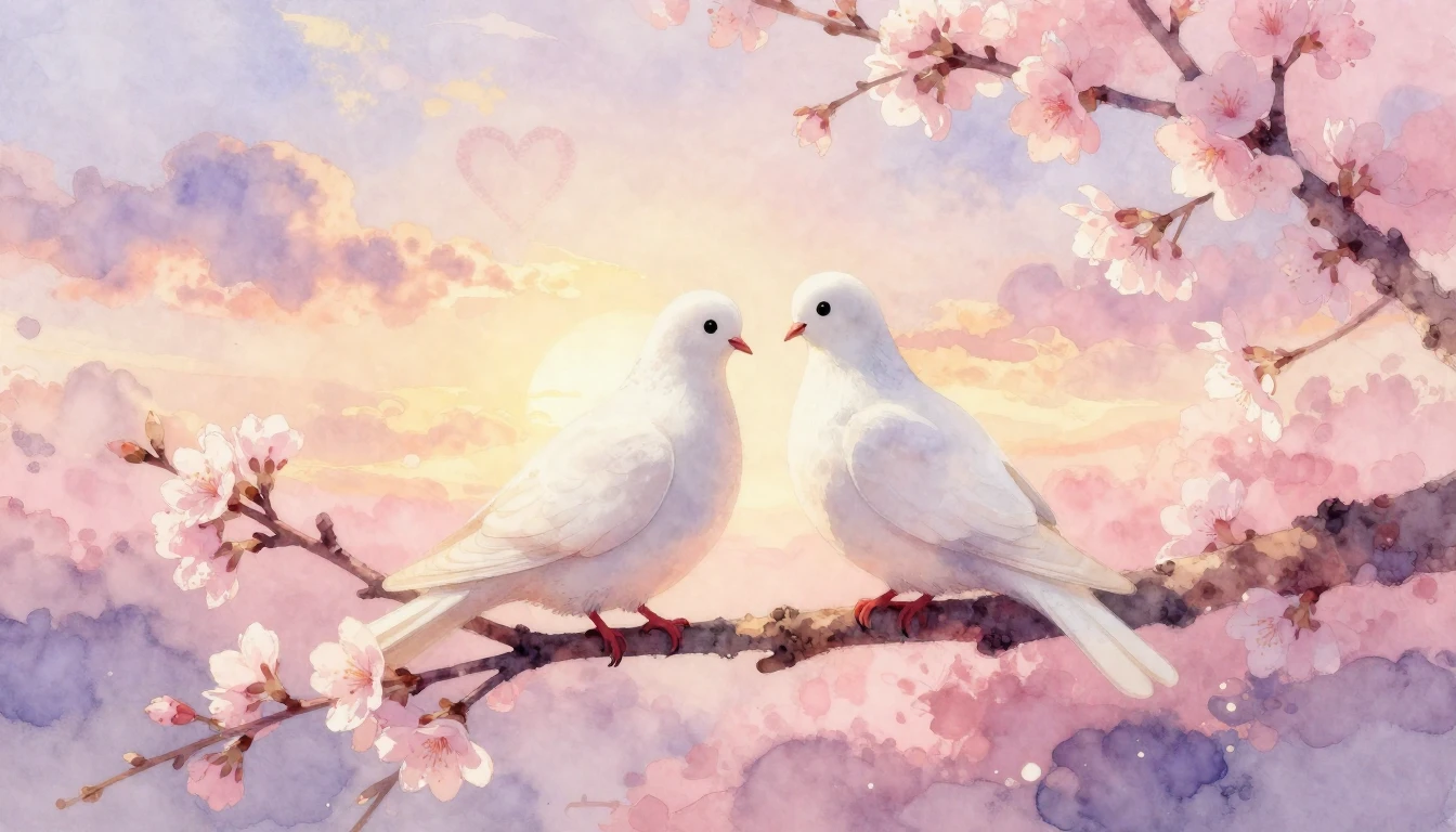 A soft and romantic watercolor painting depicting two styliz...