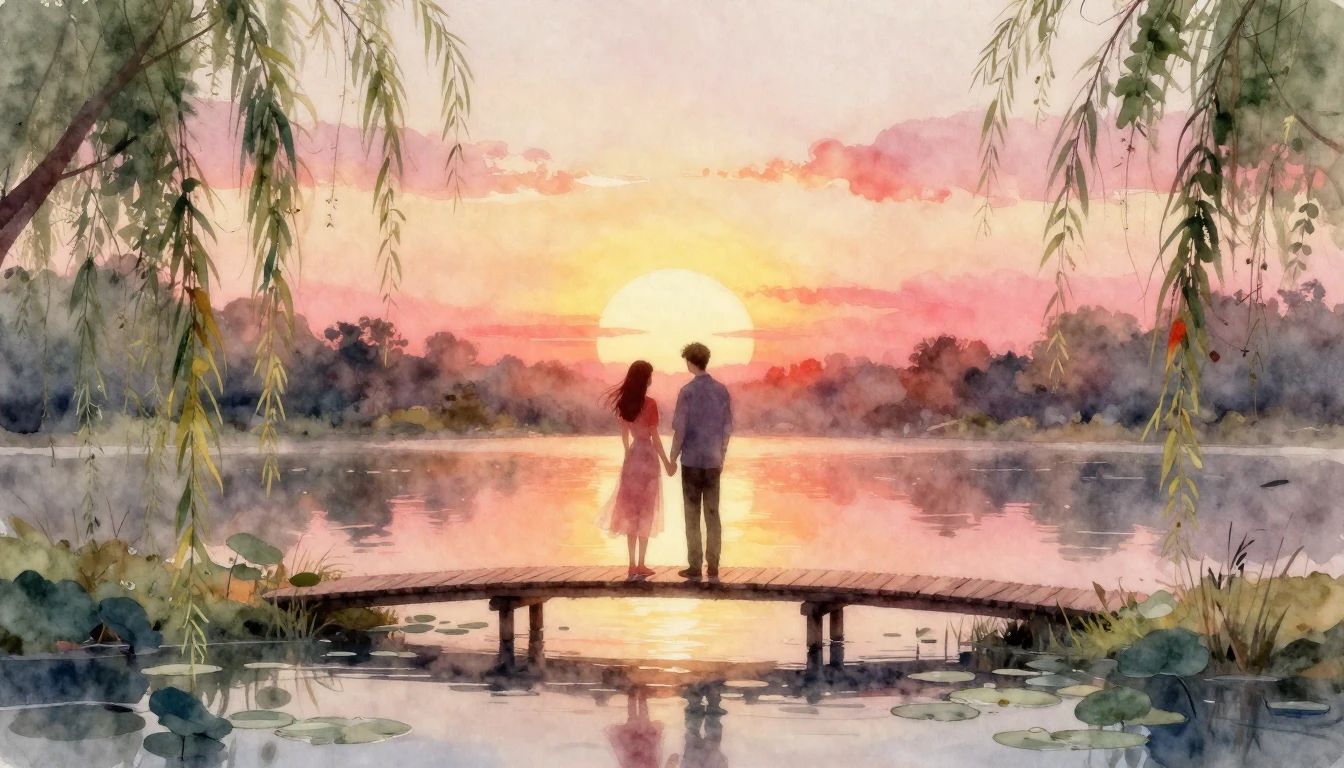 A dreamy and romantic watercolor painting depicting two silh...