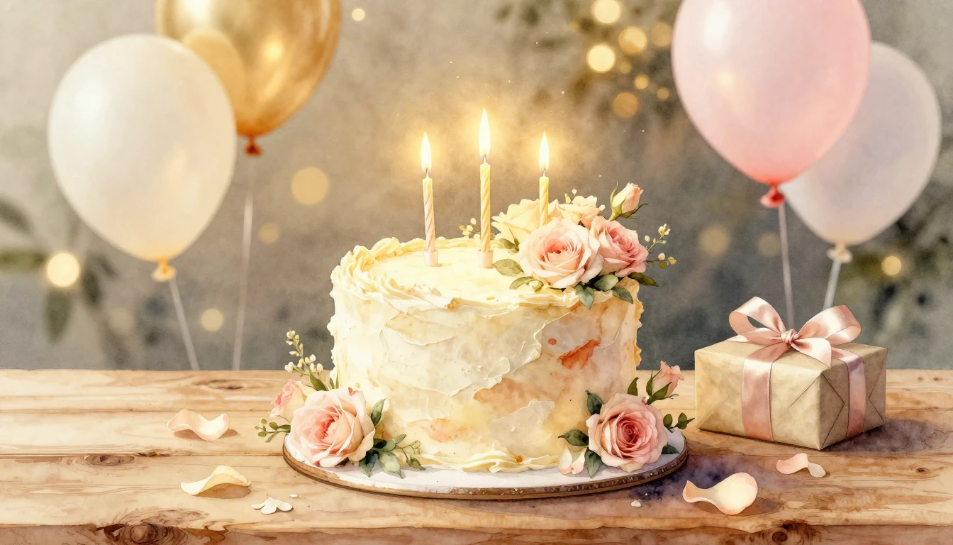 A beautiful, festive scene featuring a large, elegant birthd...