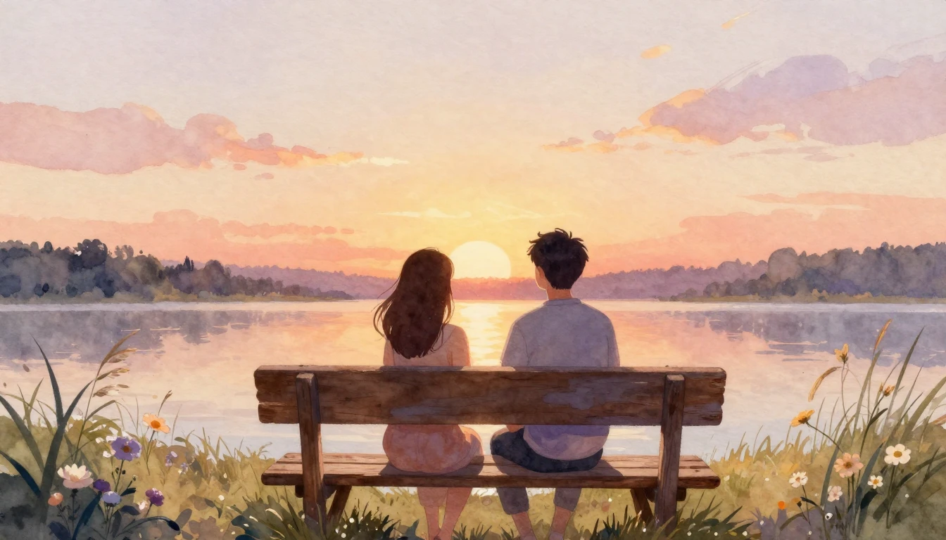 A warm and cozy watercolor illustration depicting two silhou...