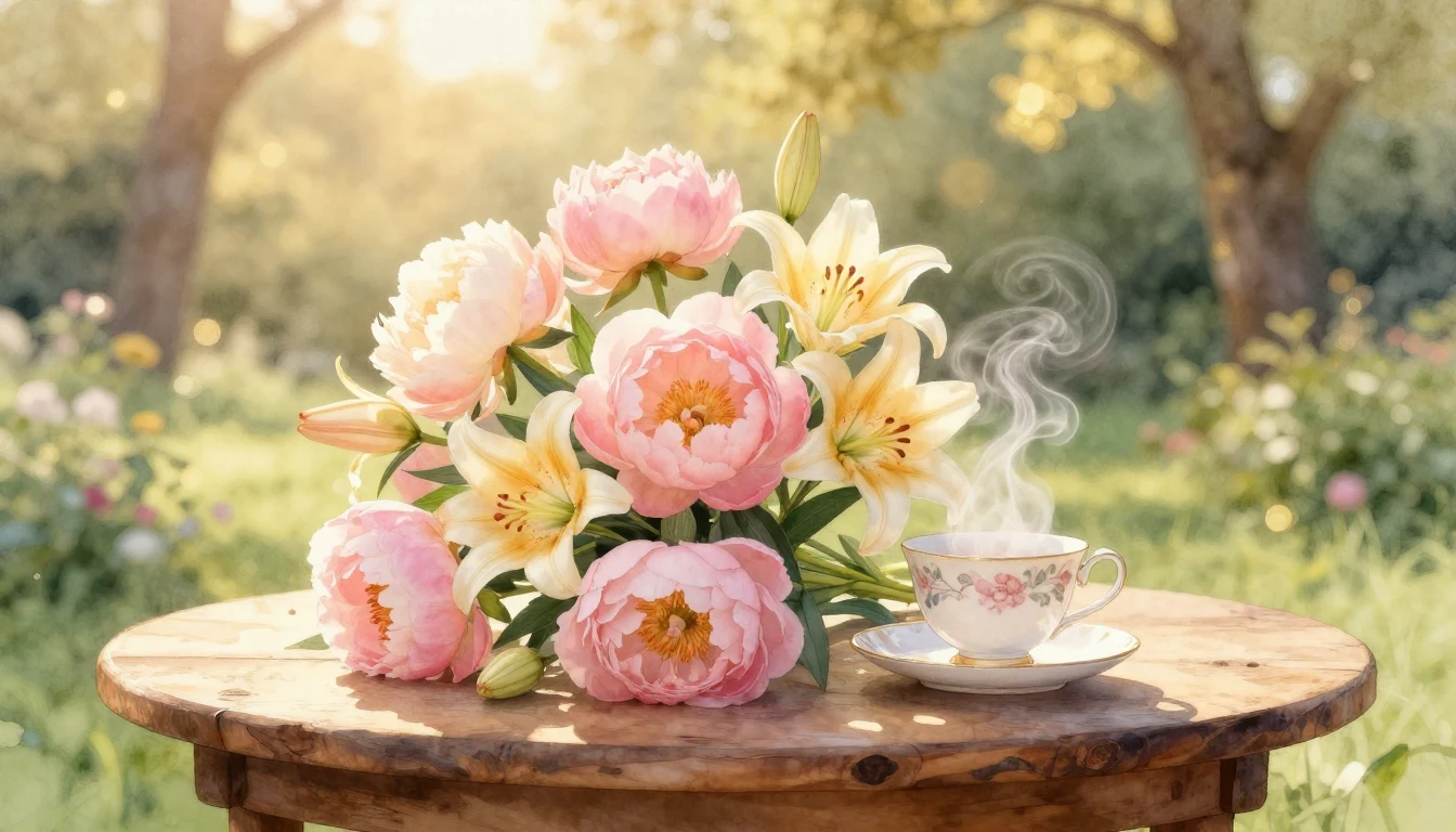 A serene and elegant garden scene bathed in the soft, warm g...