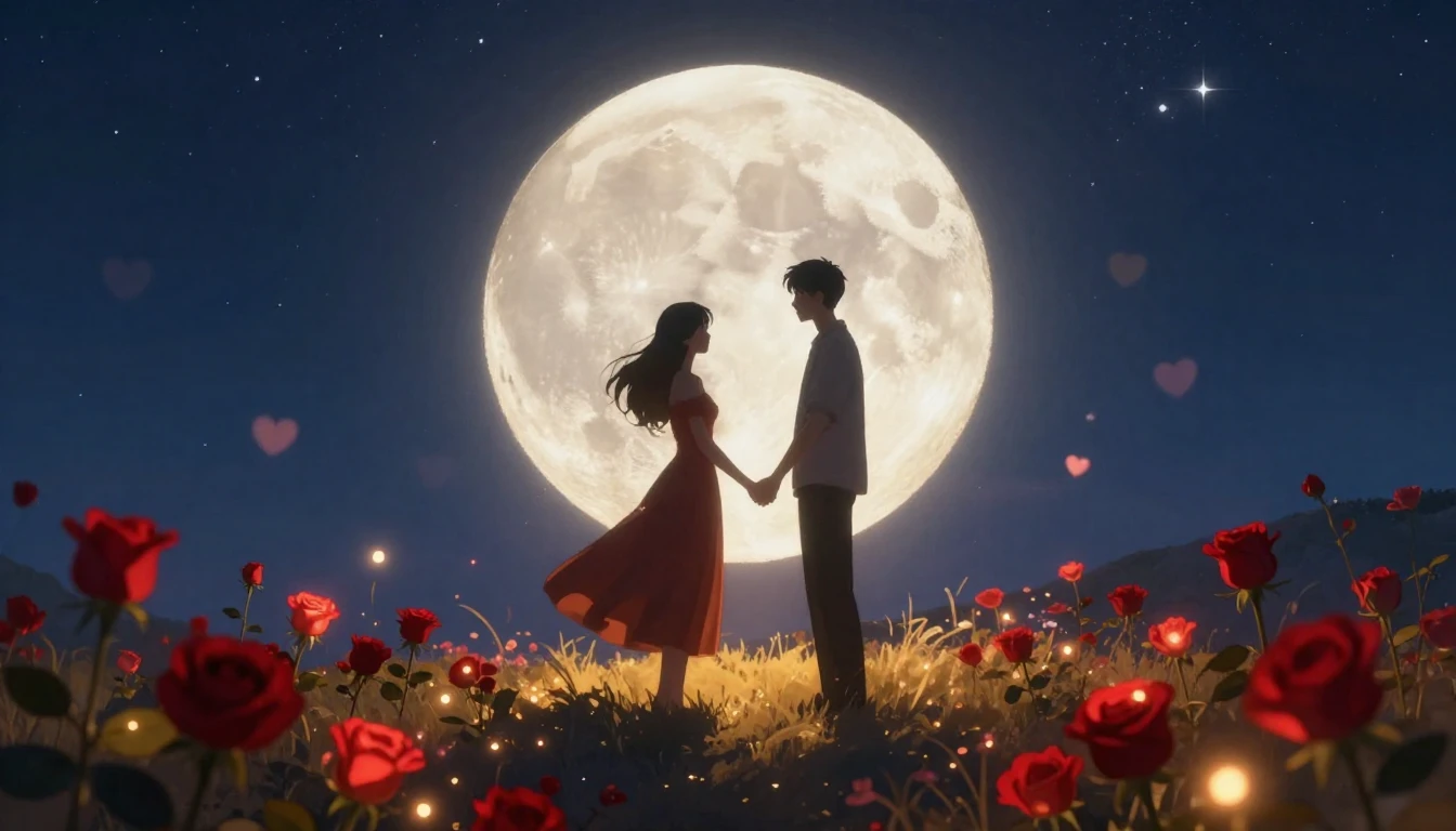 An intimate and romantic scene featuring two silhouettes of ...