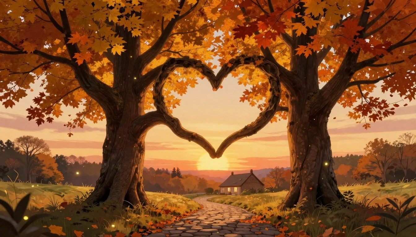 A heartwarming illustration of two ancient, majestic trees s...