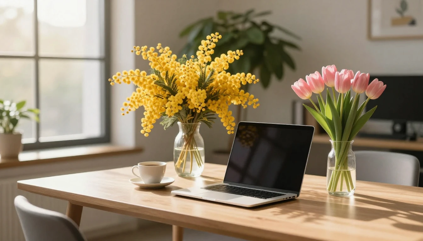 A sophisticated and modern workspace illuminated by soft, go...