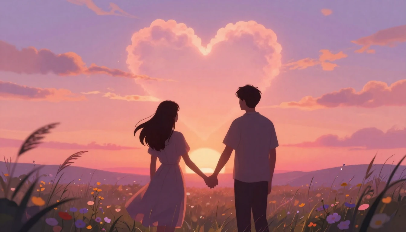 A romantic and soft illustration depicting two silhouettes h...