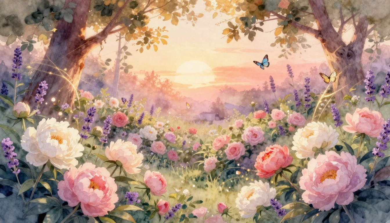 A dreamlike and romantic watercolor illustration of a bloomi...