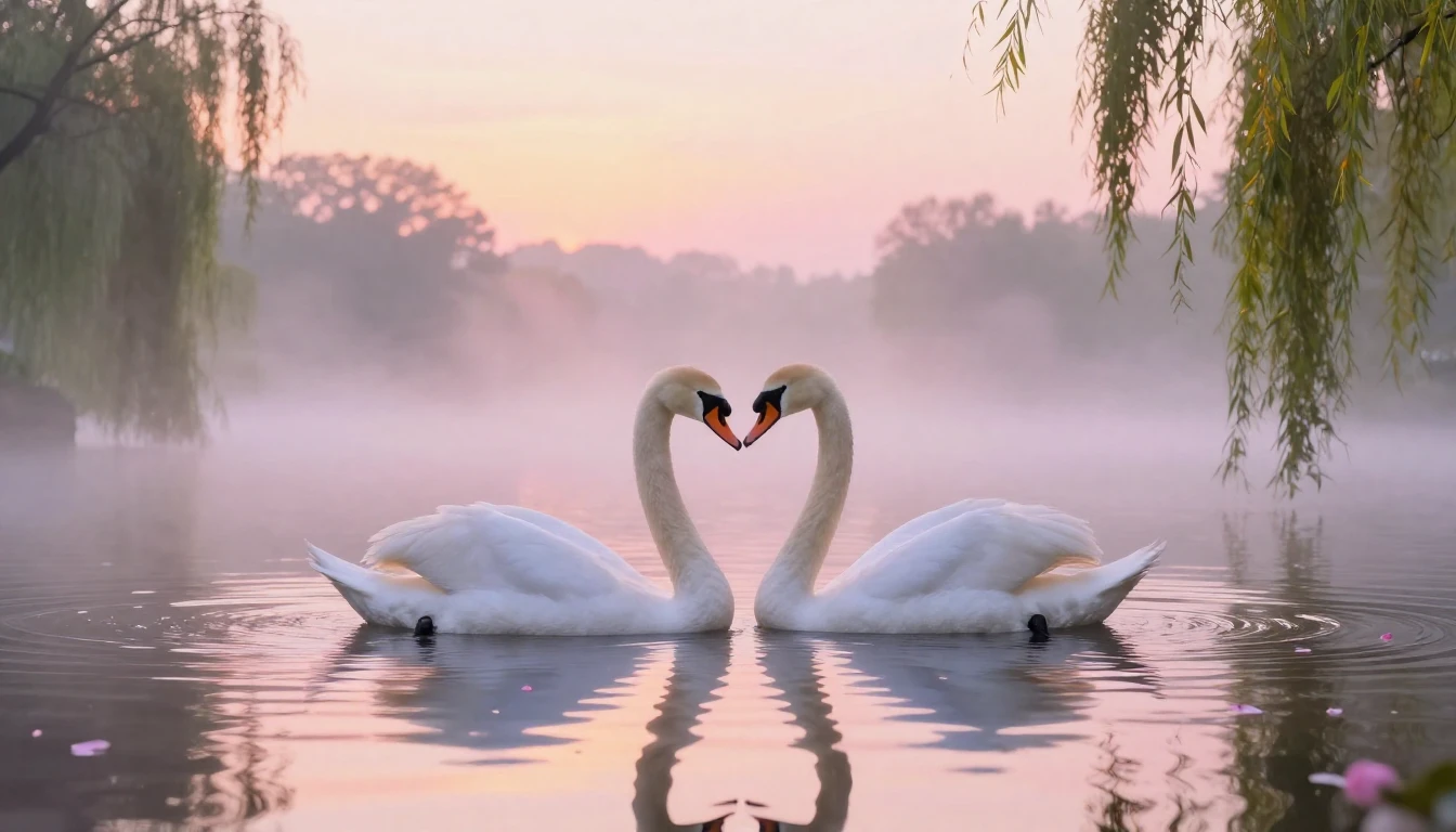 A romantic and ethereal scene depicting two graceful white s...