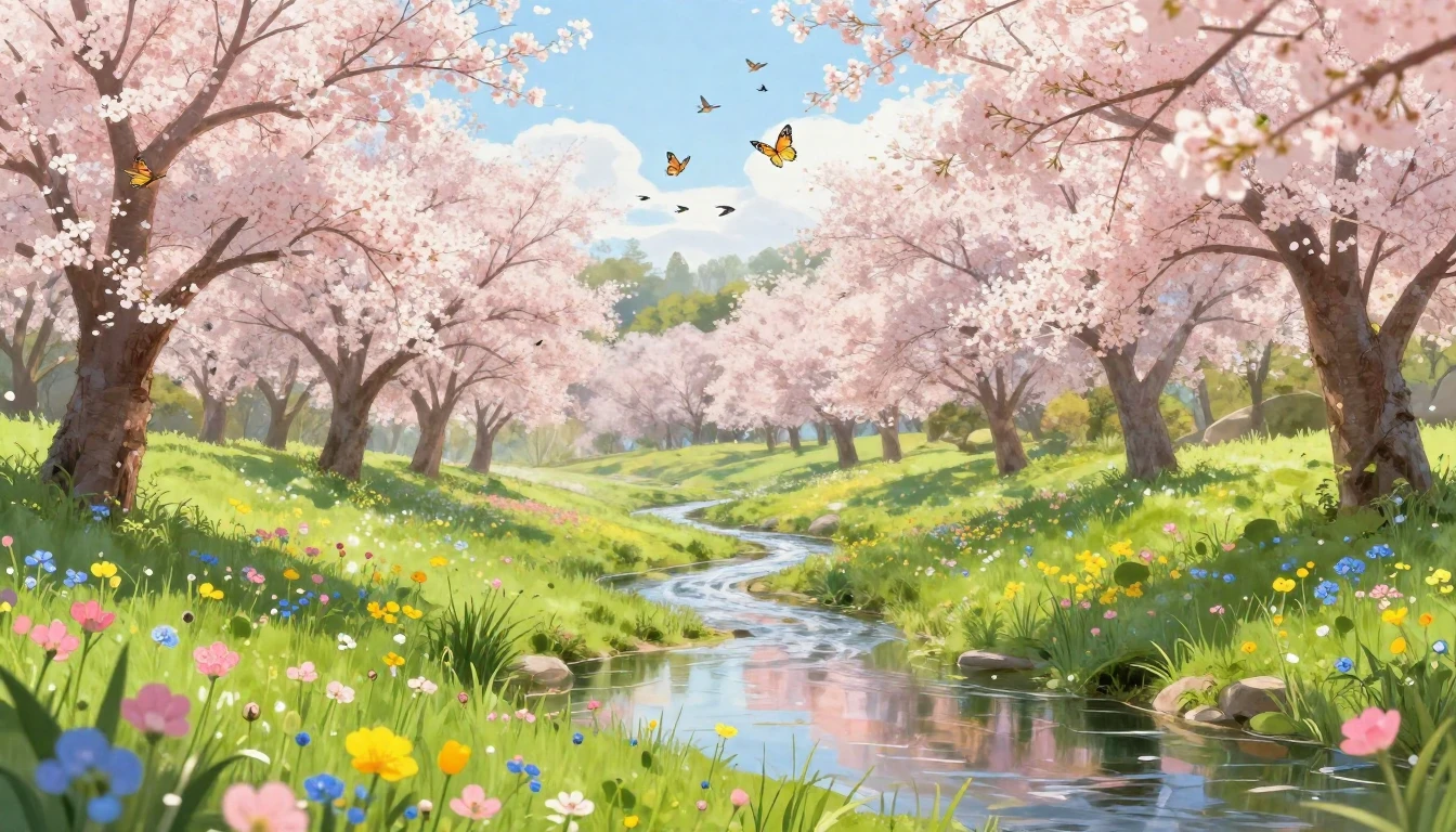 A vibrant and joyful spring landscape, filled with blooming ...