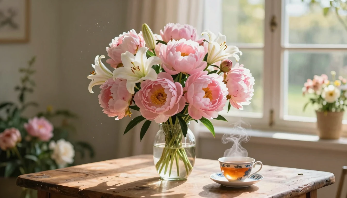 A beautiful and serene scene featuring a large, lush bouquet...