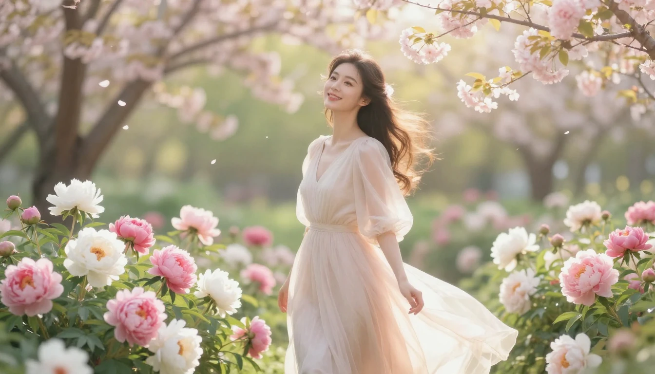 A dreamy and romantic scene featuring a beautiful woman stan...