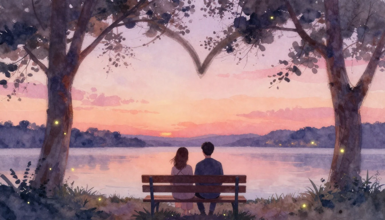 A soft and dreamy watercolor painting depicting a couple sit...