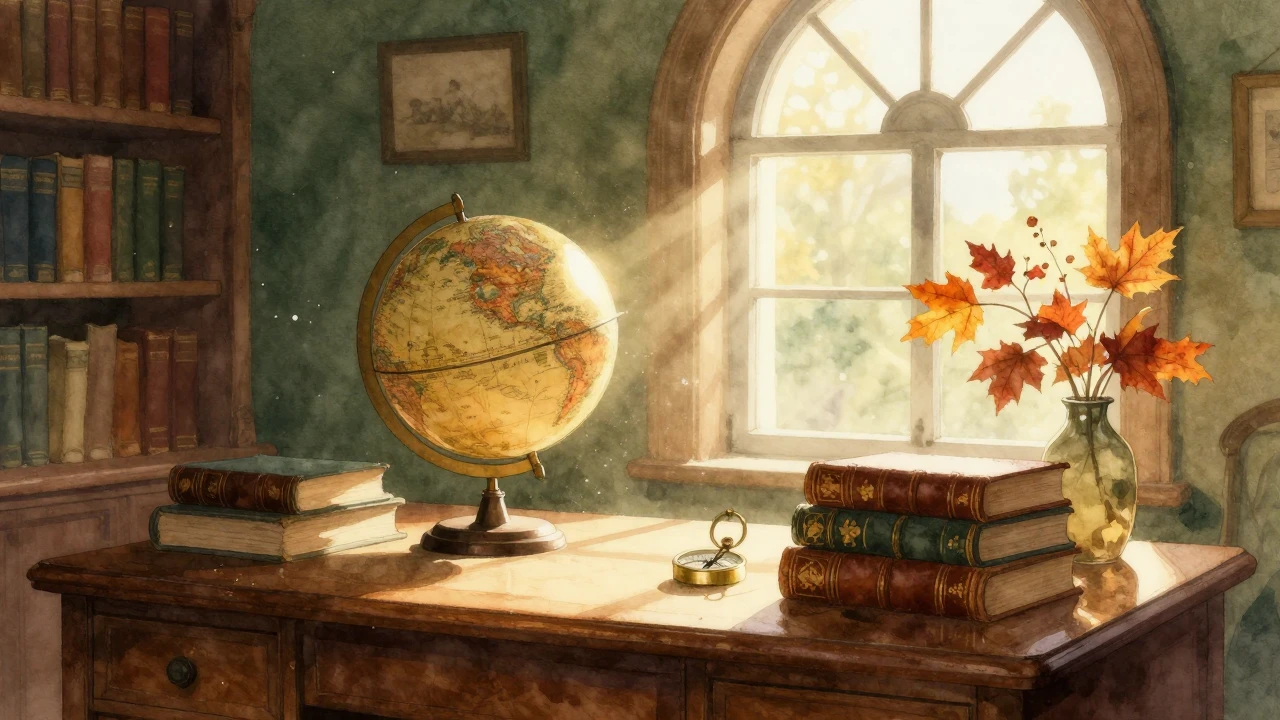 A warm and nostalgic scene in a cozy, sunlit classic study o...