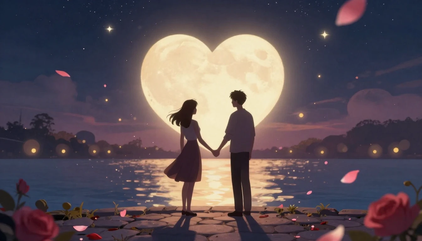 A warm and romantic illustration depicting two silhouetted f...