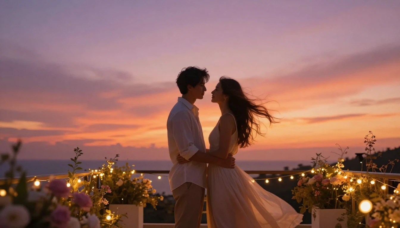 A romantic couple standing together on a terrace during a br...