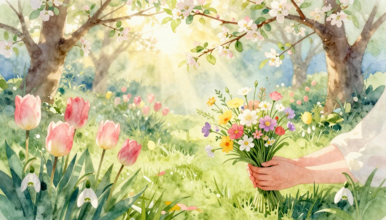 A soft and dreamy watercolor painting depicting a vibrant sp...