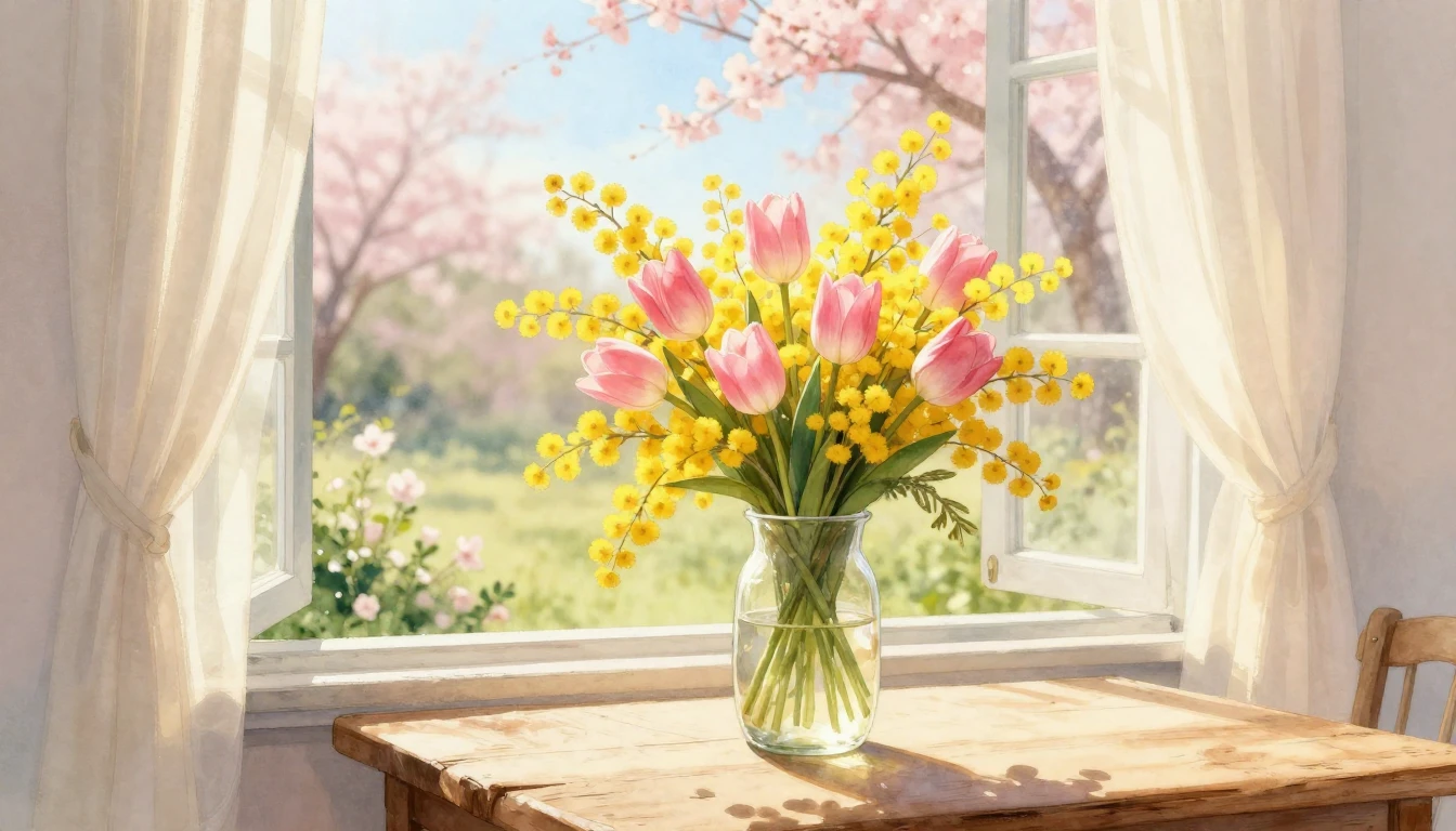 A delicate watercolor illustration of a sun-drenched spring ...