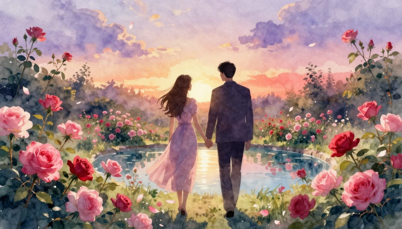 A dreamy and romantic scene featuring two silhouettes walkin...